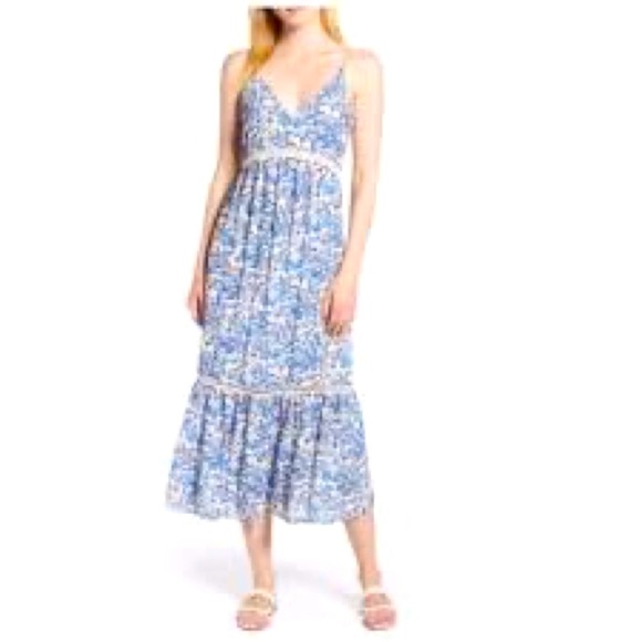 CeCe Summer dress spaghetti straps blue and white midi size 00 floral beach midi - Picture 3 of 15